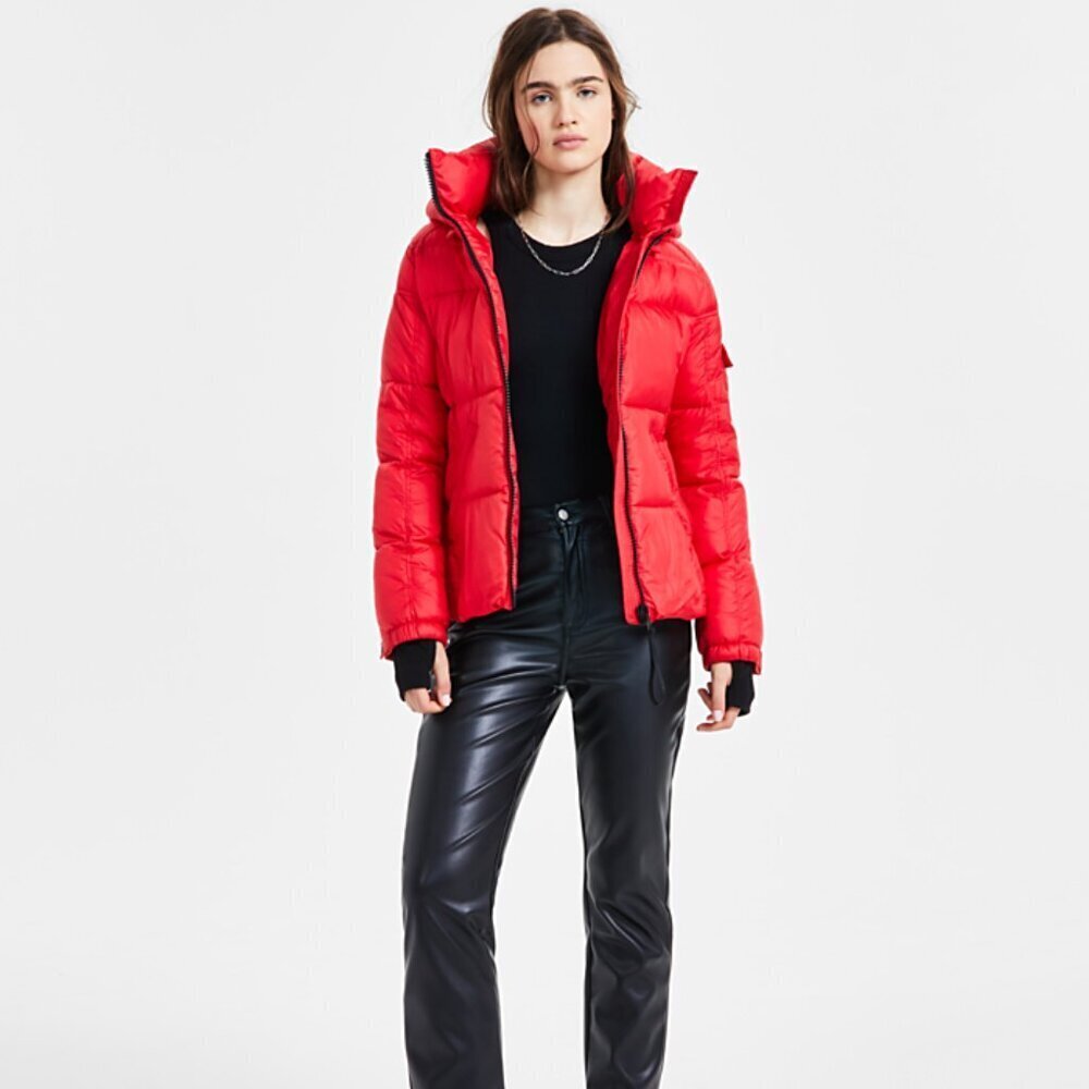 S13 Women's Red Water Resistant Puffer Bomber Hood Winter Jacket XL NWT